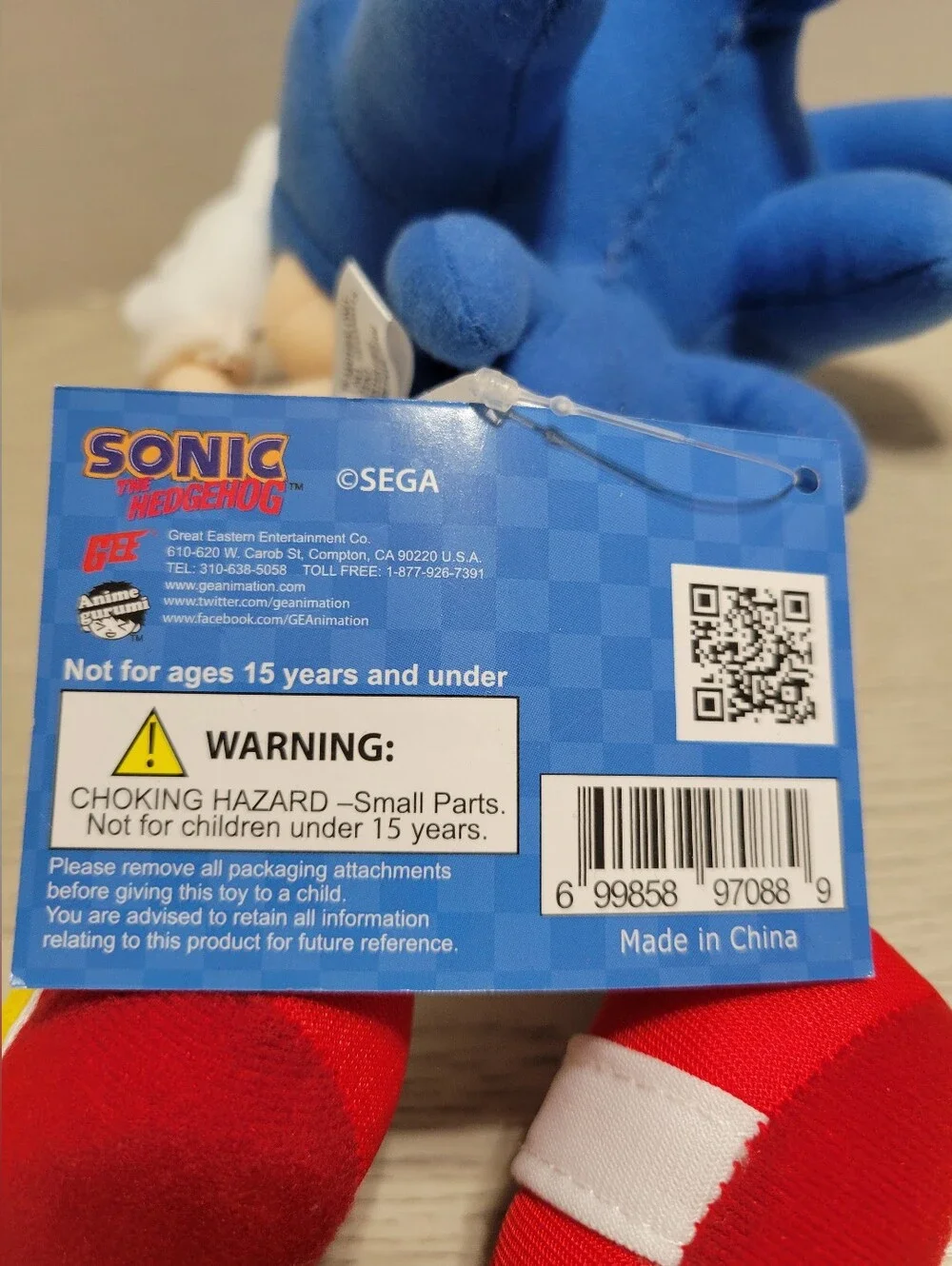 GEE Sega Sonic The Hedgehog Classic Sonic Plush Blue Red Pointing NEW with Tags